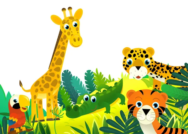 Σκηνή Κινουμένων Σχεδίων Ζούγκλα Και Ζώα Είναι Μαζί Απεικόνιση Πλαίσιο — Φωτογραφία Αρχείου
