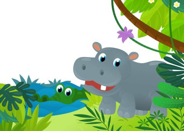 Orman ve su aygırları gibi hayvanların bir arada olduğu çizgi film sahnesi çocuklar için çerçeve çizimi