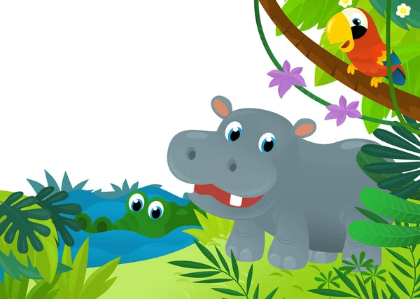 Tegneserie Scene Med Jungle Dyr Som Hippo Være Sammen Som - Stock-foto