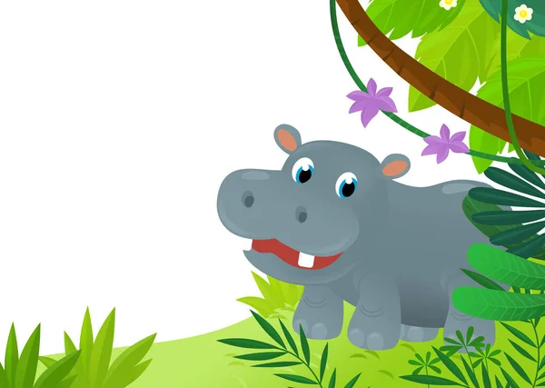 cartoon scene with jungle and animals like hippo being together as frame illustration for kids