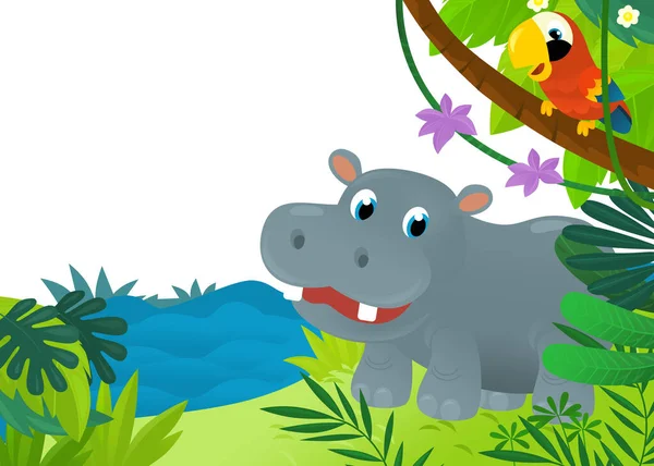 Zeichentrickszene Mit Dschungel Und Tieren Wie Nilpferd Als Rahmenillustration Für — Stockfoto