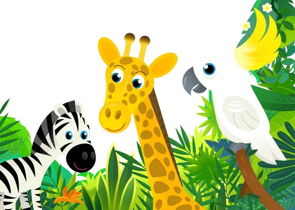 Zeichentrickszene Mit Dschungel Und Tieren Und Papageienvogel Als Rahmenillustration Für — Stockfoto