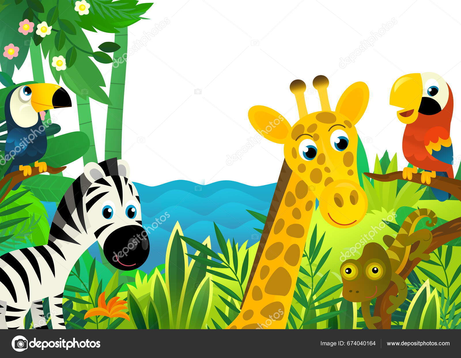 与丛林动物和鹦鹉鸟在一起的卡通场景作为孩子们的画框——图库图片© illustrator_hft #674040164, image size:1600x1241