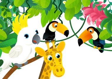 Orman, hayvanlar ve papağan kuşunun çocuklar için çerçeve çizimi olarak bir arada olduğu karikatür sahnesi