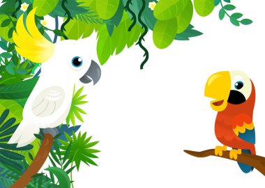 Orman, hayvanlar ve papağan kuşunun çocuklar için çerçeve çizimi olarak bir arada olduğu karikatür sahnesi