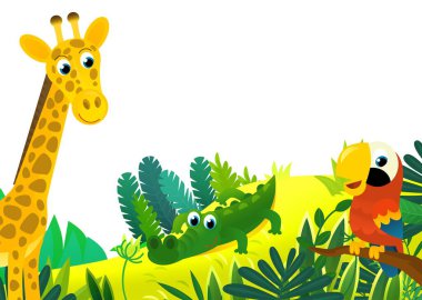 Orman, hayvanlar ve papağan kuşunun çocuklar için çerçeve çizimi olarak bir arada olduğu karikatür sahnesi