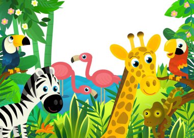 Orman, hayvanlar ve papağan kuşunun çocuklar için çerçeve çizimi olarak bir arada olduğu karikatür sahnesi