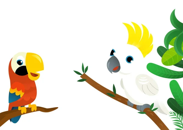 Cena Dos Desenhos Animados Com Selva Animais Pássaro Papagaio Estar — Fotografia de Stock