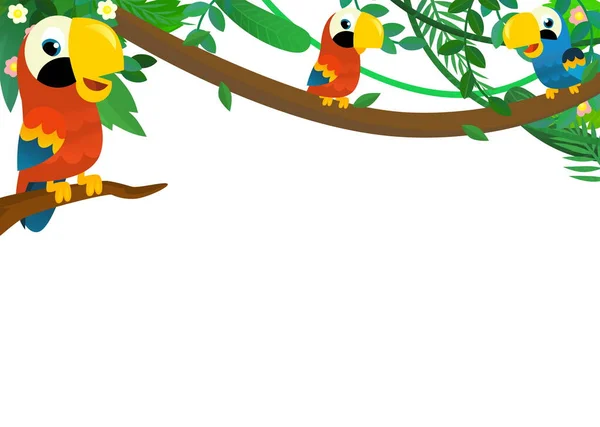 Escena Dibujos Animados Con Selva Los Animales Pájaro Loro Estar — Foto de Stock