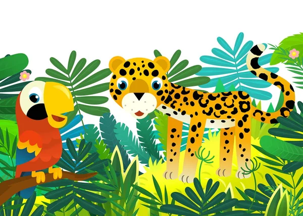 Zeichentrickszene Mit Dschungel Und Tieren Und Papageienvogel Als Rahmenillustration Für — Stockfoto