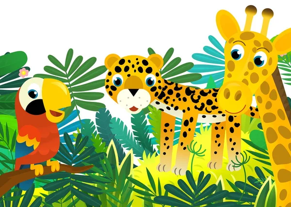子供のためのフレームイラストとして一緒にジャングルや動物やオウムの鳥と漫画のシーン — ストック写真