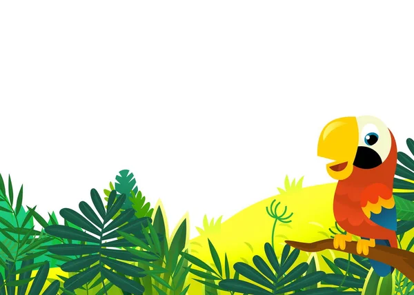 子供のためのフレームイラストとして一緒にジャングルや動物やオウムの鳥と漫画のシーン — ストック写真