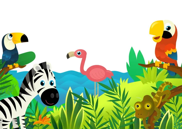 Cena Dos Desenhos Animados Com Selva Animais Pássaro Papagaio Estar — Fotografia de Stock