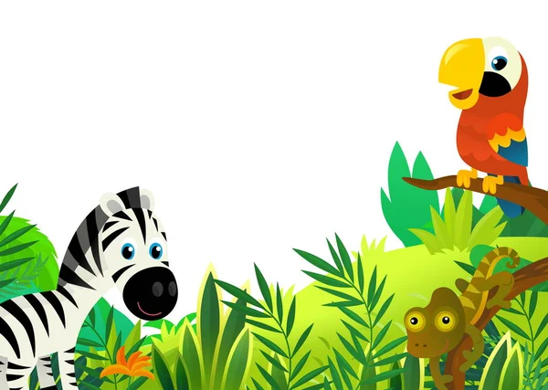 Rajzfilm Jelenet Dzsungel Állatok Papagáj Madár Hogy Együtt Mint Keret — Stock Fotó