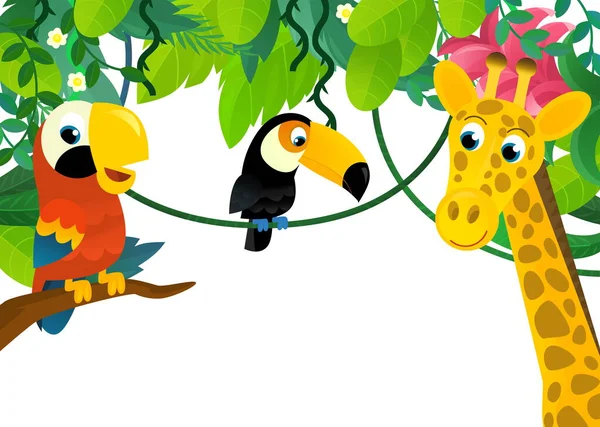 Cartoon Scene Jungle Animals Parrot Bird Being Together Frame Illustration — Stock Photo, Image