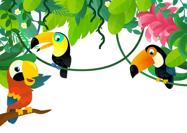 Scena Kreskówki Dżungli Zwierząt Papuga Ptak Jest Razem Jako Ilustracja — Zdjęcie stockowe