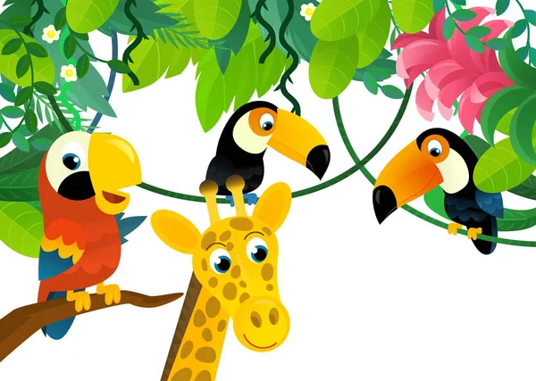 Scena Kreskówki Dżungli Zwierząt Papuga Ptak Jest Razem Jako Ilustracja — Zdjęcie stockowe