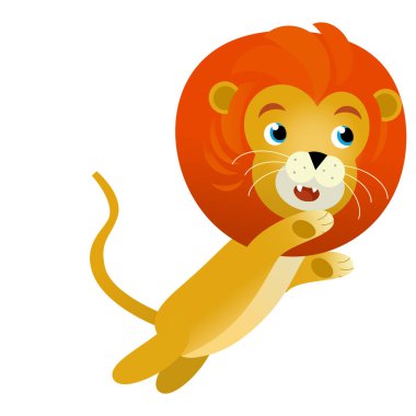 Beyaz arka planda mutlu kedi aslanlı çizgi film sahnesi - çocuklar için safari illüstrasyonu