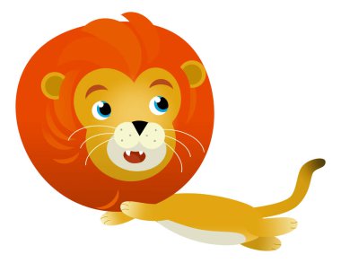 Beyaz arka planda mutlu kedi aslanlı çizgi film sahnesi - çocuk için safari illüstrasyonu