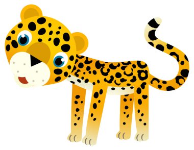 Mutlu tropikal kedi jaguar çitanın olduğu çizgi film sahnesi çocuklar için beyaz arkaplan çizimi