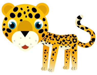 Mutlu tropikal kedi jaguar çitanın olduğu çizgi film sahnesi çocuklar için beyaz arkaplan çizimi