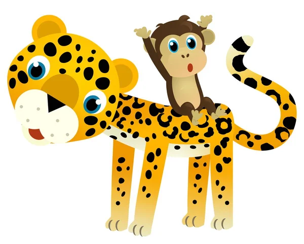 cartoon scene with happy tropical animal cat jaguar cheetah with other animal on white background illustration for kids