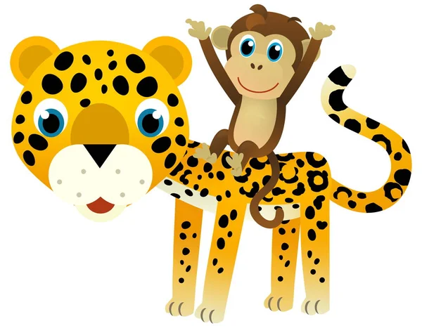 卡通片场景 与快乐的热带动物猫美洲豹和其他动物一起 为孩子们提供白色背景插图 — 图库照片