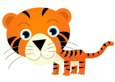 Çocuklar için beyaz arkaplanlı mutlu tropikal kedi kaplanlı çizgi film sahnesi