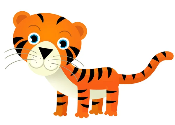 Adegan Kartun Dengan Bahagia Kucing Harimau Tropis Pada Latar Belakang — Stok Foto