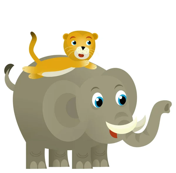 Cartoon wild animal happy young elephant with other animal friend on white background - illustration for the kids