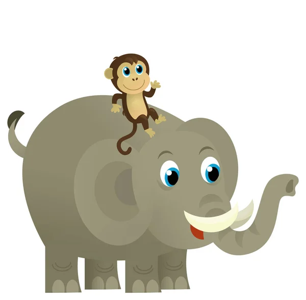 Cartoon wild animal happy young elephant with other animal friend on white background - illustration for the kids