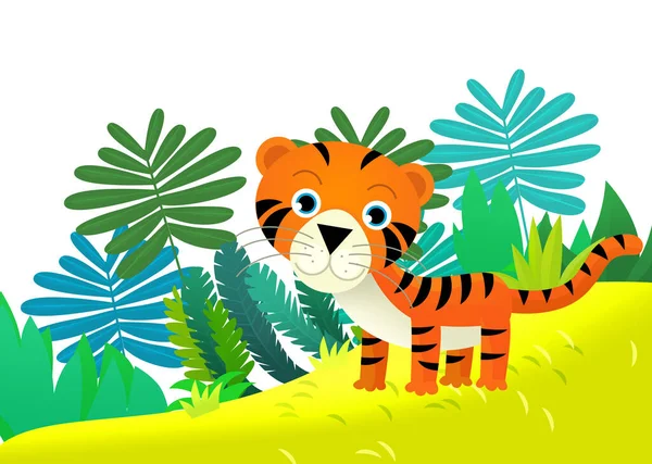 Escena Dibujos Animados Con Tigre Gato Tropical Feliz Selva Ilustración —  Fotos de Stock