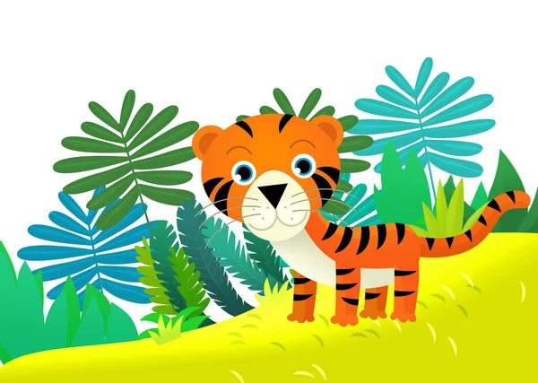 Escena Dibujos Animados Con Tigre Gato Tropical Feliz Selva Ilustración — Foto de Stock