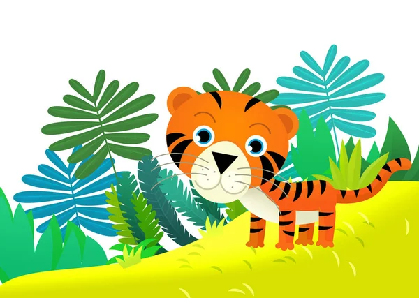 Escena Dibujos Animados Con Tigre Gato Tropical Feliz Selva Ilustración — Foto de Stock