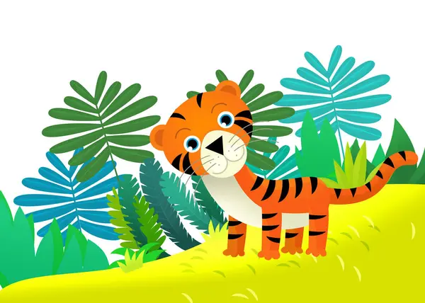 Σκηνή Κινουμένων Σχεδίων Ευτυχισμένη Τροπική Τίγρη Γάτα Στη Ζούγκλα Απομονωμένη — Φωτογραφία Αρχείου