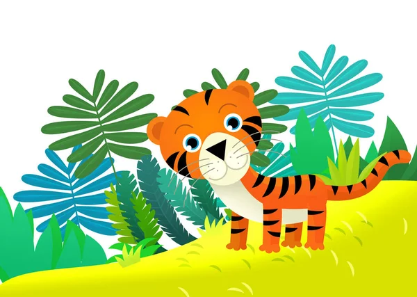 Cartoon Scene Happy Tropical Cat Tiger Jungle Isolated Illustration Kids — Stock Photo, Image