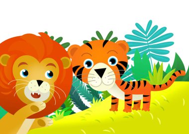 Mutlu tropikal kedi kaplanlı çizgi film sahnesi çocuklar için izole edilmiş.