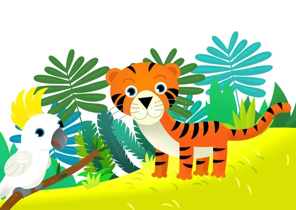 Мультяшна Сцена Щасливим Тропічним Котячим Тигром Джунглях Ізольована Ілюстрація Дітей — стокове фото