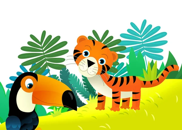 Tecknad Scen Med Glad Tropisk Katt Tiger Djungeln Isolerad Illustration — Stockfoto