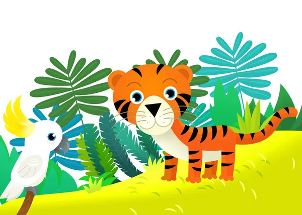 Мультяшная Сцена Счастливым Тропическим Тигром Джунглях Изолированная Иллюстрация Детей — стоковое фото