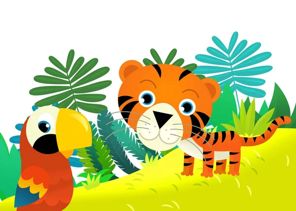 Escena Dibujos Animados Con Tigre Gato Tropical Feliz Selva Ilustración —  Fotos de Stock