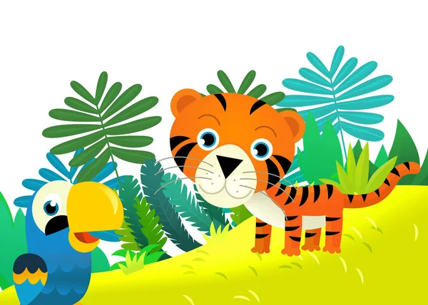 Cartoon Scene Met Gelukkig Tropisch Kat Tijger Jungle Geïsoleerde Illustratie — Stockfoto
