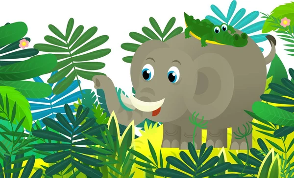 Cartoon Dzikie Zwierzę Szczęśliwy Młody Słoń Innym Przyjacielem Zwierząt Dżungli — Zdjęcie stockowe