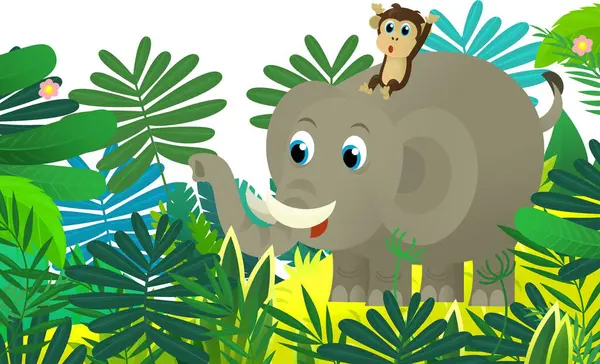 Cartoon wild animal happy young elephant with other animal friend in the jungle isolated illustration for kids