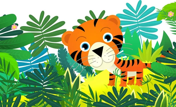 Rajzfilm Jelenet Boldog Trópusi Macska Tigris Dzsungelben Elszigetelt Illusztráció Gyerekeknek — Stock Fotó