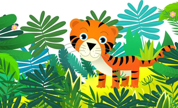 Rajzfilm Jelenet Boldog Trópusi Macska Tigris Dzsungelben Elszigetelt Illusztráció Gyerekeknek — Stock Fotó