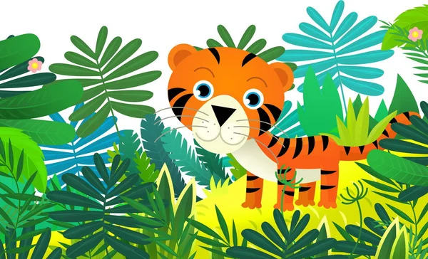 与快乐的热带猫虎在丛林里的卡通片场景为孩子们提供了一个孤立的例证 — 图库照片