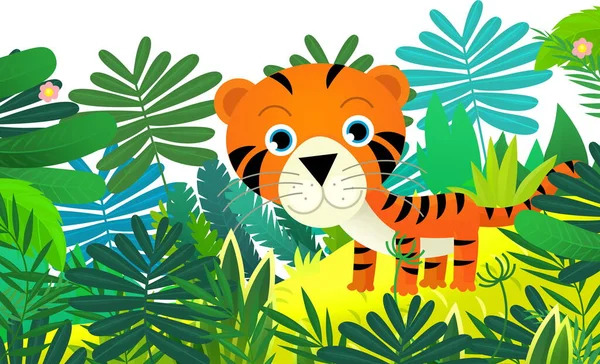 Cartoon Scene Happy Tropical Cat Tiger Jungle Isolated Illustration Kids — Stock Photo, Image