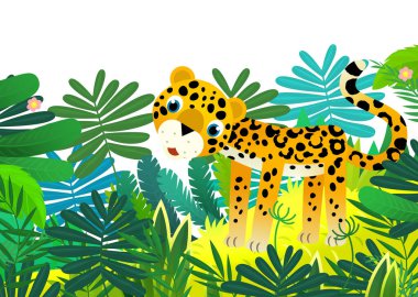Mutlu tropikal kedi jaguar çitanın olduğu çizgi film sahnesi çocuklar için izole edilmiş.
