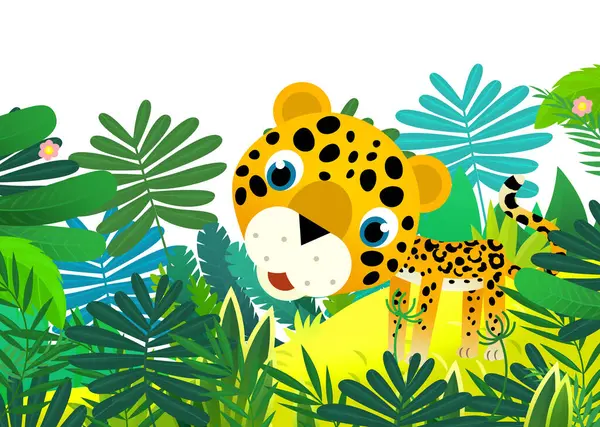 与快乐的热带动物猫美洲豹在丛林里的卡通片场景为孩子们提供了一个孤立的例证 — 图库照片